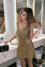 Women's Sequin Fringe Mini Dress with V-Neck and Sleeveless Design - 6