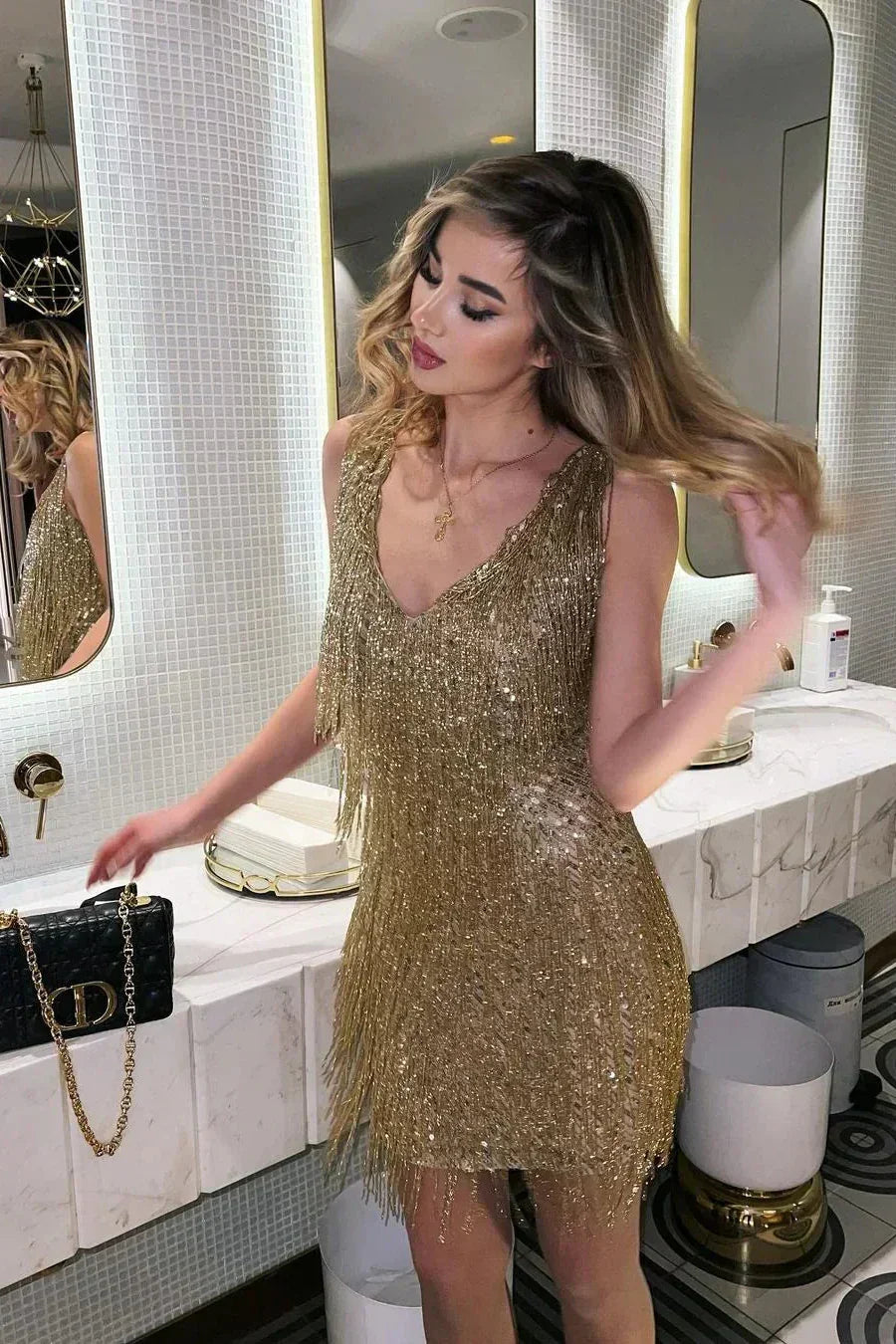 Women's Sequin Fringe Mini Dress with V-Neck and Sleeveless Design - 6
