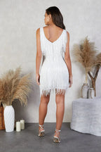 Women's Sequin Fringe Mini Dress with V-Neck and Sleeveless Design - 10