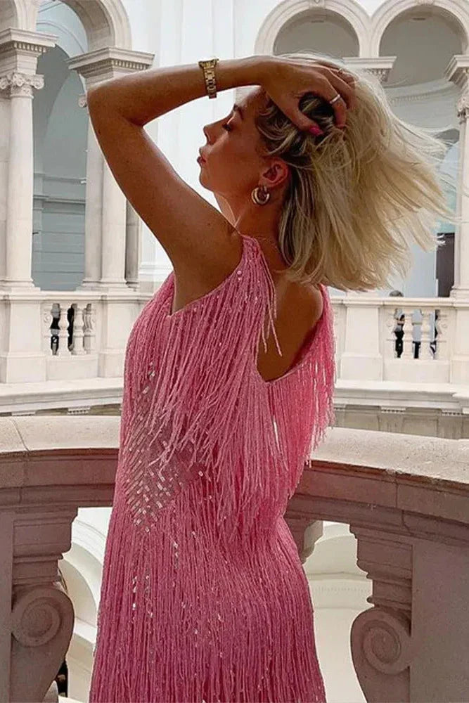 Women's Sequin Fringe Mini Dress with V-Neck and Sleeveless Design - 4