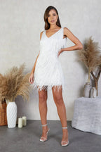 Women's Sequin Fringe Mini Dress with V-Neck and Sleeveless Design - 8