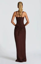 Women's Backless Bodycon Maxi Dress with Square Neck and Draped Skirt - 5