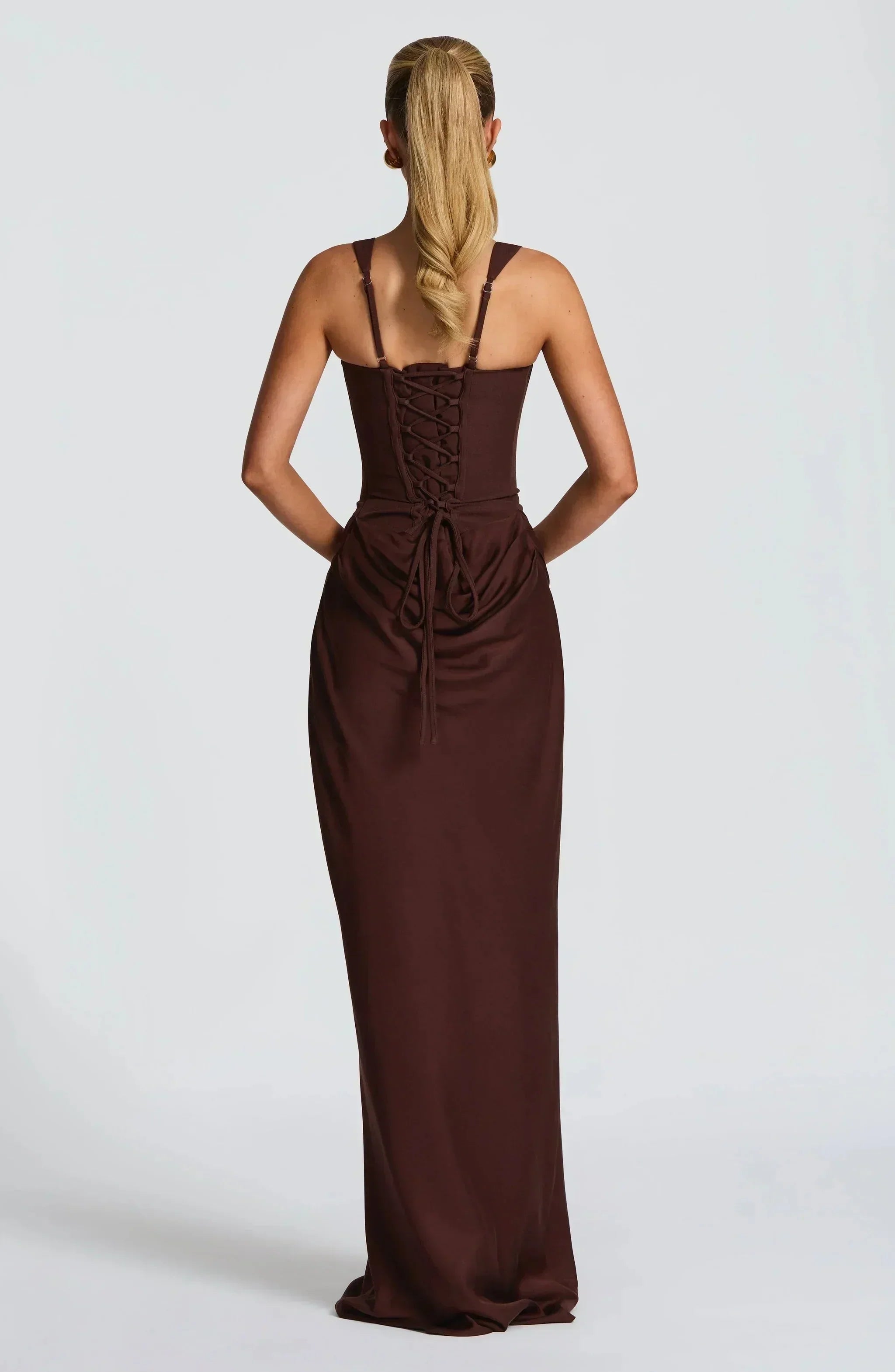 Women's Backless Bodycon Maxi Dress with Square Neck and Draped Skirt - 5
