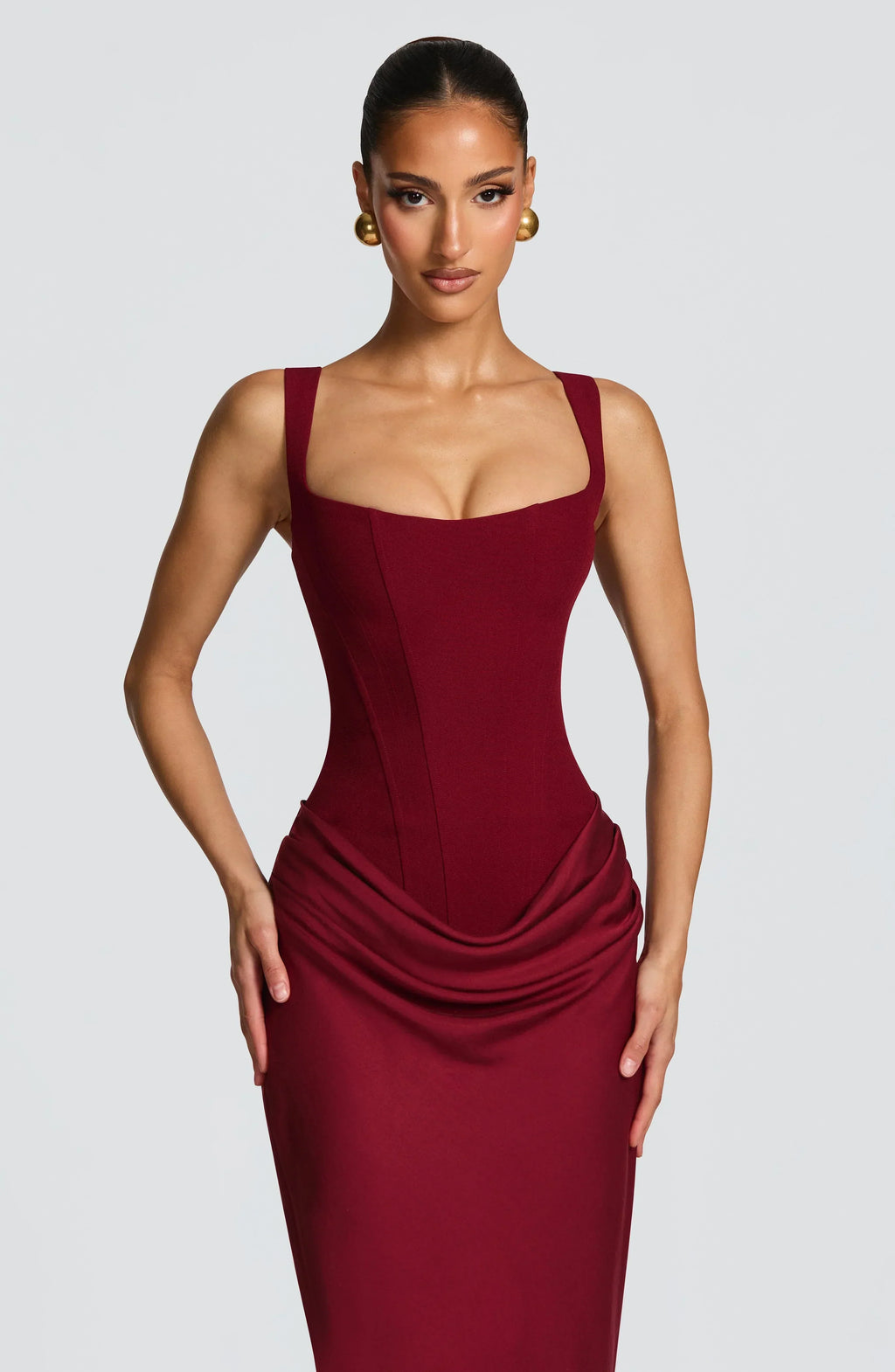 Women's Backless Bodycon Maxi Dress with Square Neck and Draped Skirt - 13