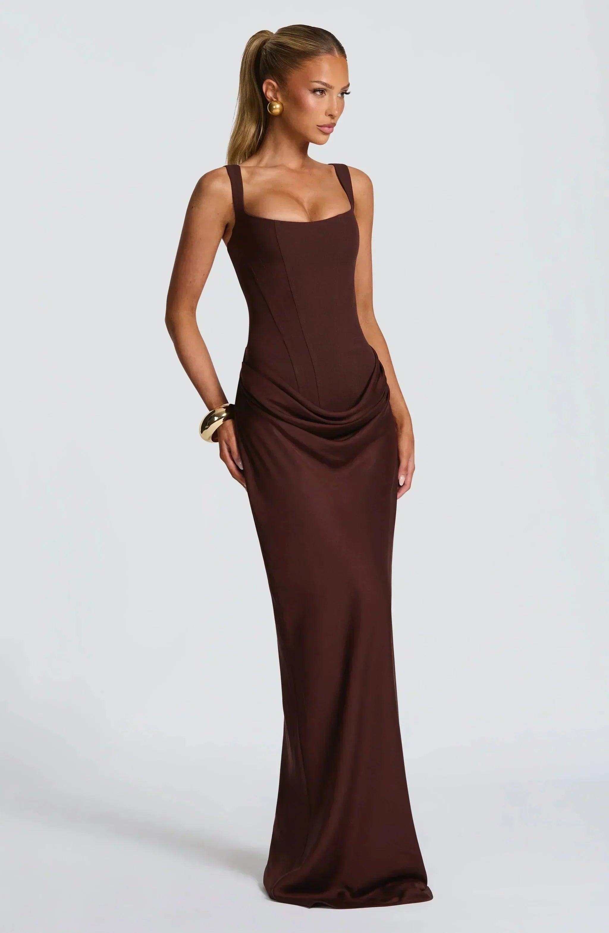 Women's Backless Bodycon Maxi Dress with Square Neck and Draped Skirt - 4