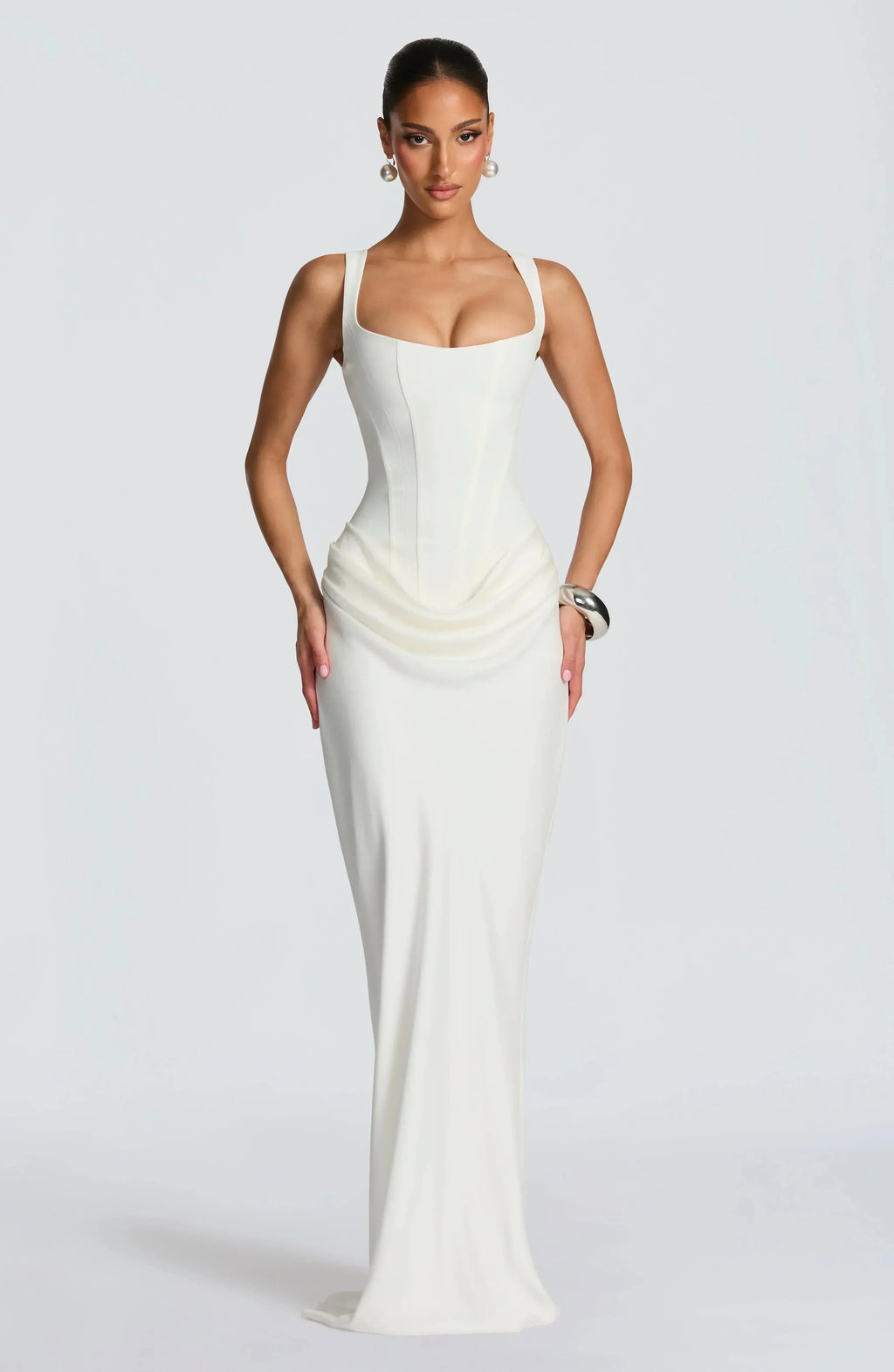 Women's Backless Bodycon Maxi Dress with Square Neck and Draped Skirt - 9