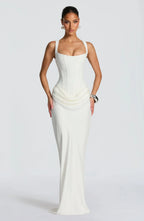 Women's Backless Bodycon Maxi Dress with Square Neck and Draped Skirt - 9