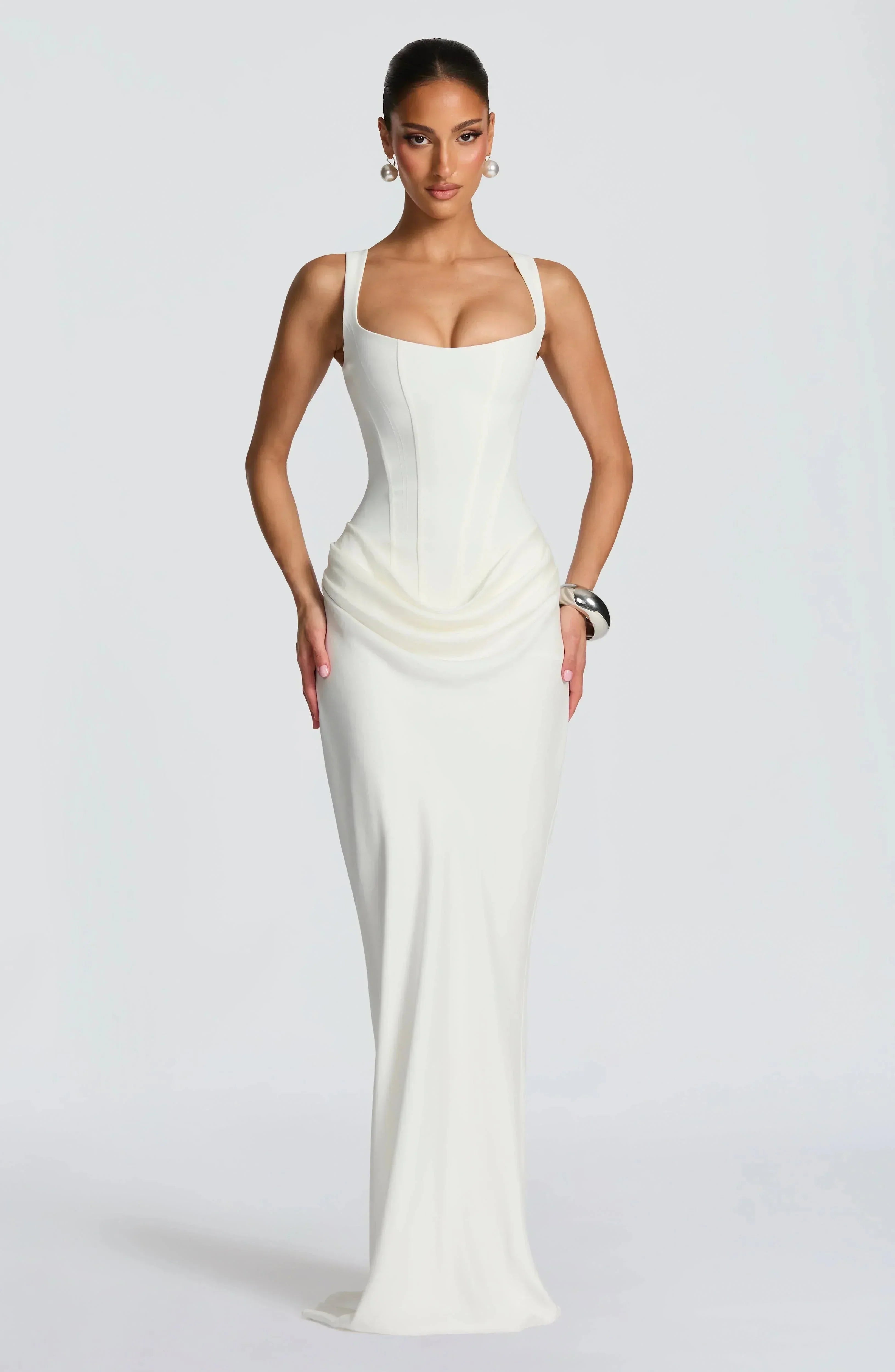 Women's Backless Bodycon Maxi Dress with Square Neck and Draped Skirt - 9