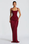 Women's Backless Bodycon Maxi Dress with Square Neck and Draped Skirt - Burgundy