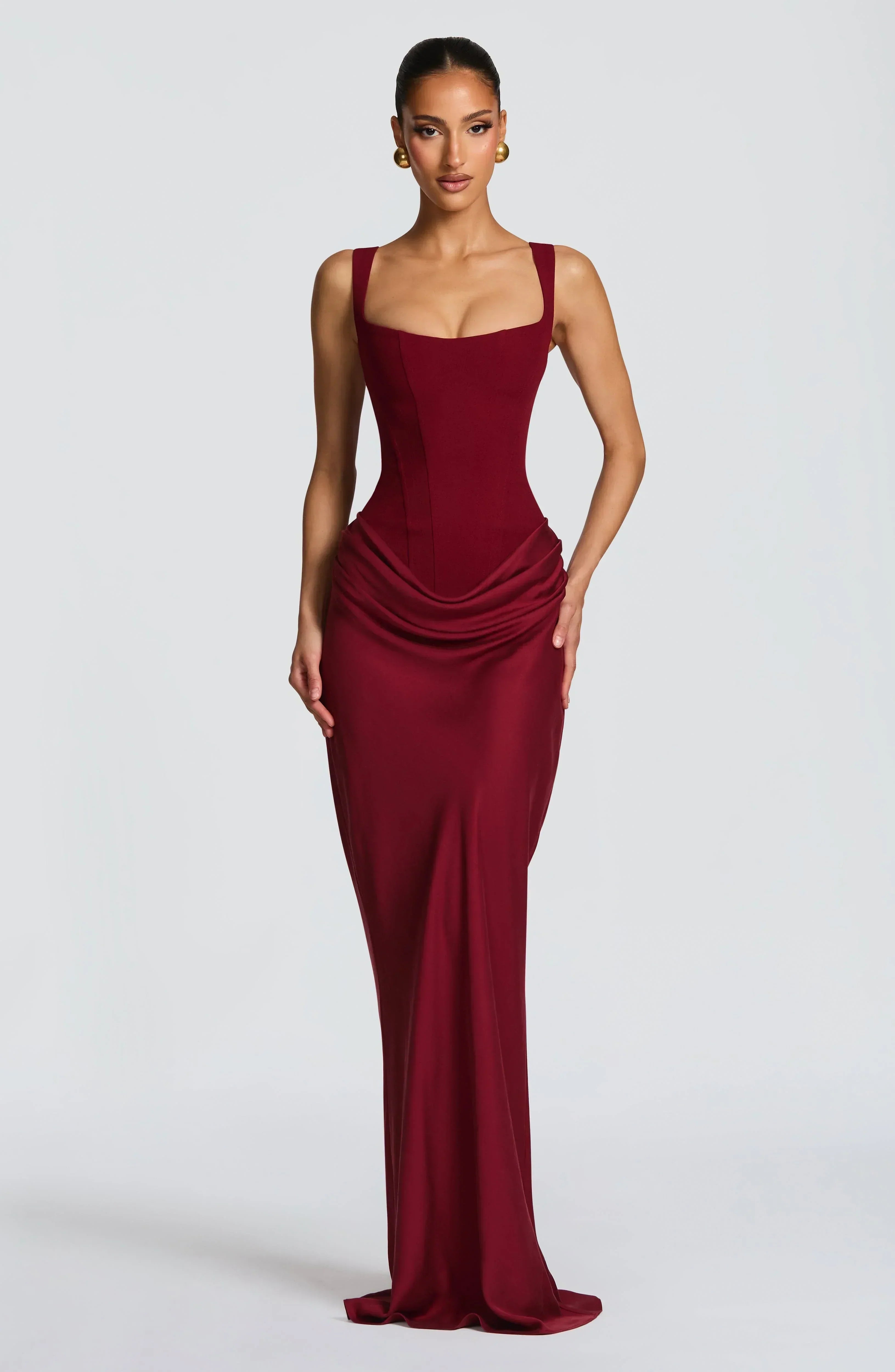 Women's Backless Bodycon Maxi Dress with Square Neck and Draped Skirt - Burgundy