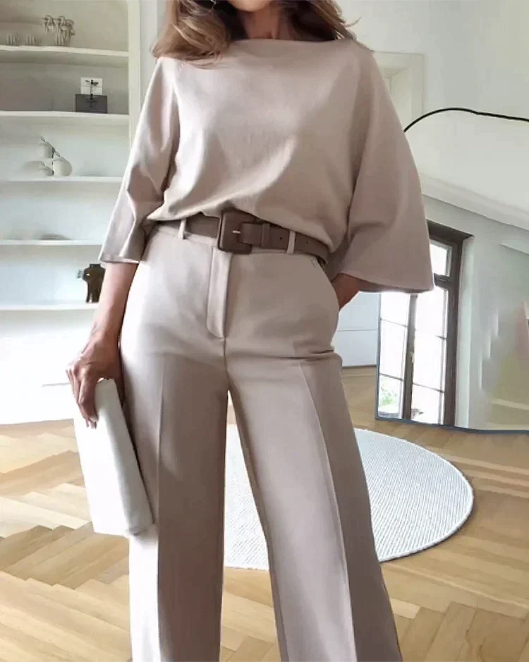 Women's Two Piece Set with Round Neck Top and Wide Leg Trousers - 2