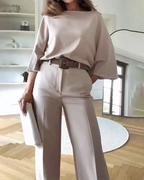 Women's Two Piece Set with Round Neck Top and Wide Leg Trousers - 2
