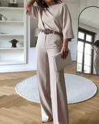 Women's Two Piece Set with Round Neck Top and Wide Leg Trousers - 3
