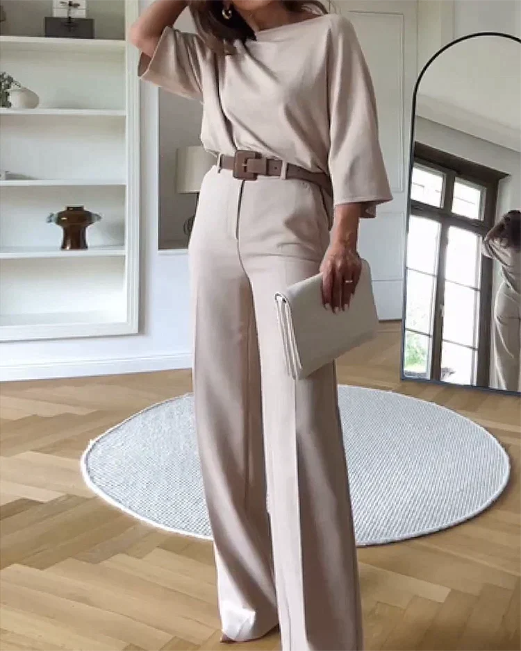 Women's Two Piece Set with Round Neck Top and Wide Leg Trousers - 3