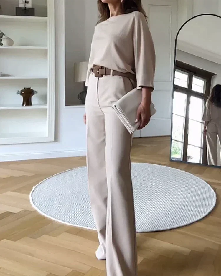 Women's Two Piece Set with Round Neck Top and Wide Leg Trousers