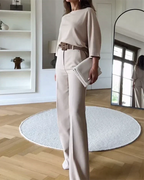 Women's Two Piece Set with Round Neck Top and Wide Leg Trousers