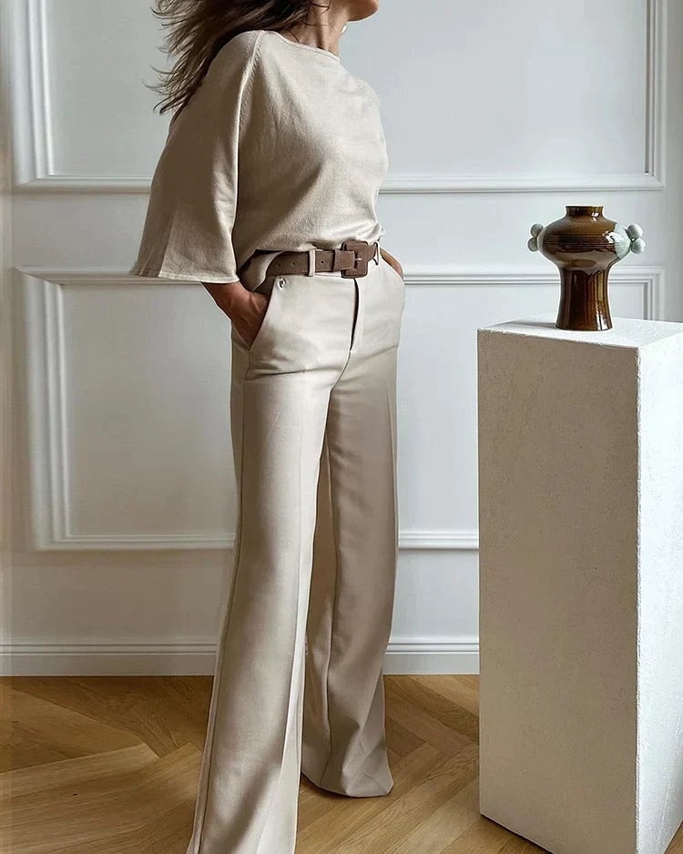 Women's Two Piece Set with Round Neck Top and Wide Leg Trousers - Light Grey