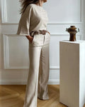Women's Two Piece Set with Round Neck Top and Wide Leg Trousers - Light Grey