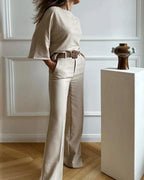Women's Two Piece Set with Round Neck Top and Wide Leg Trousers - Light Grey