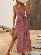 Women's Polka Dot Maxi Dress Sleeveless with V-Neck and Wrap Front - 2