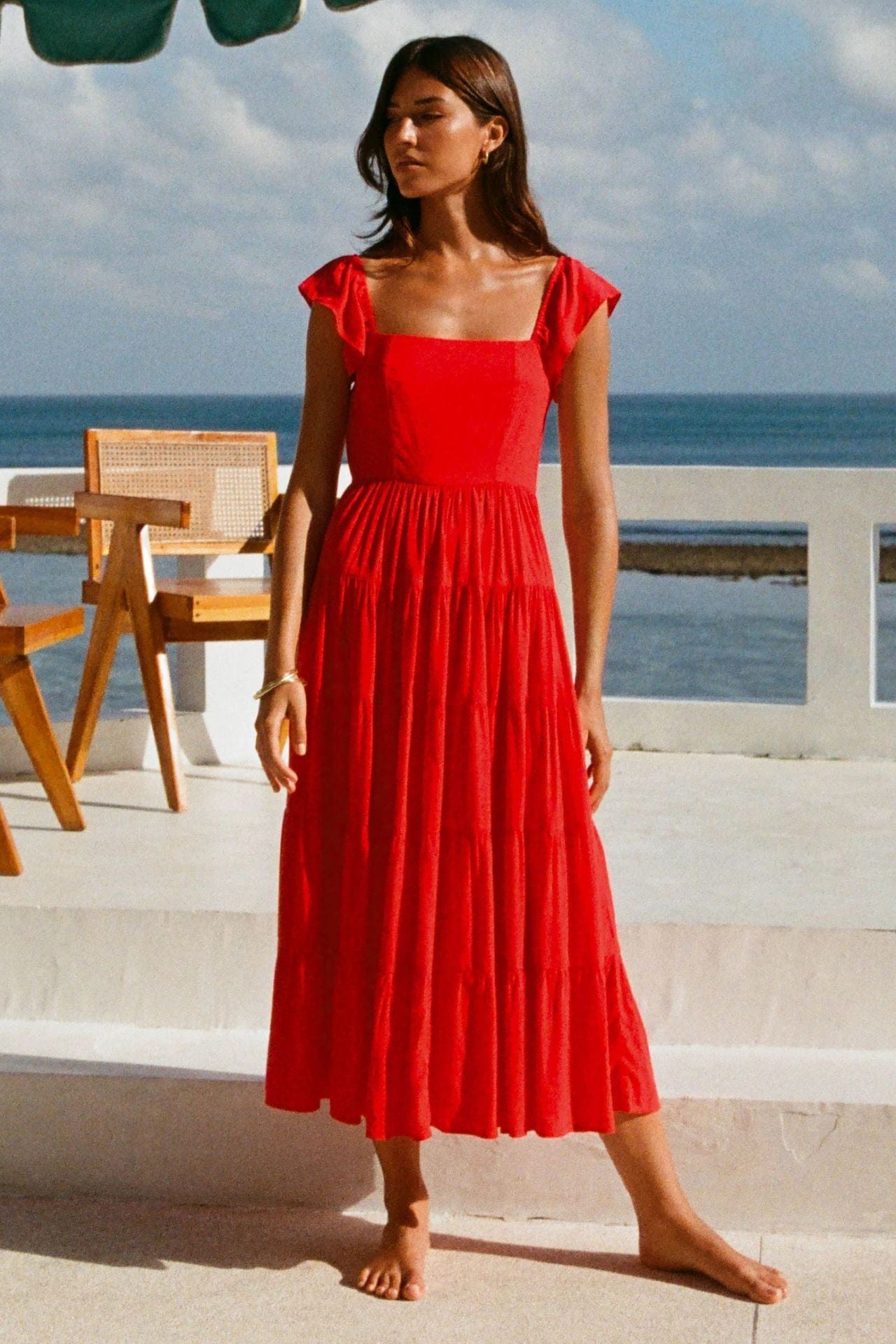 Women's Tiered Midi Dress with Square Neck and Cap Sleeves - 3
