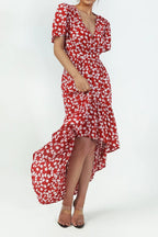 Women's Floral Midi Dress with V-Neck and High-Low Hem - 2