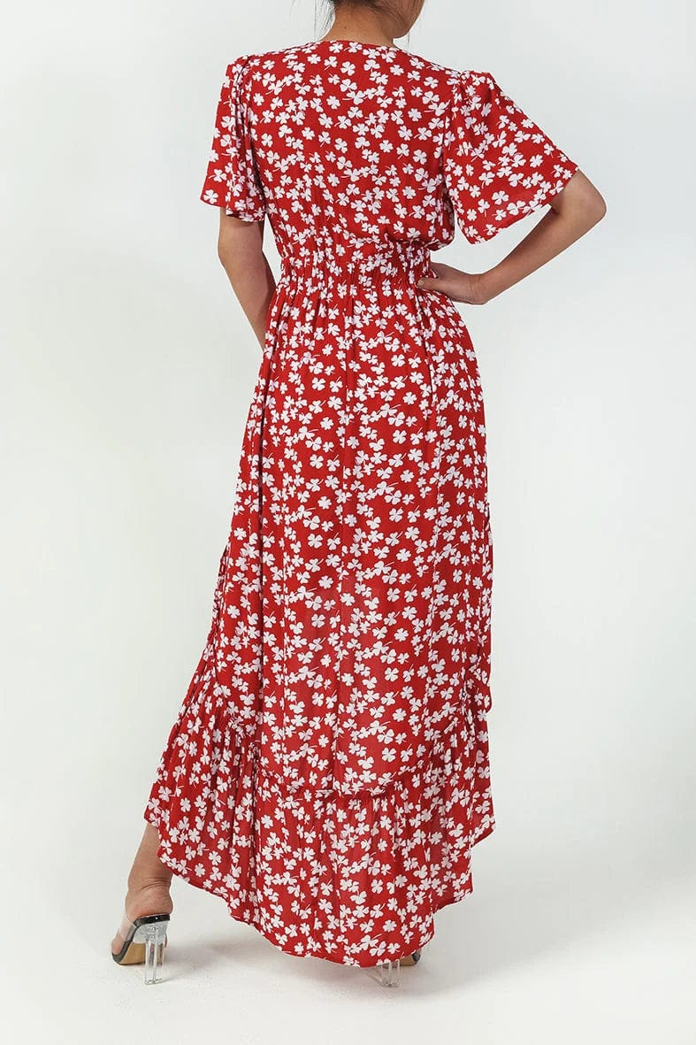 Women's Floral Midi Dress with V-Neck and High-Low Hem - 3