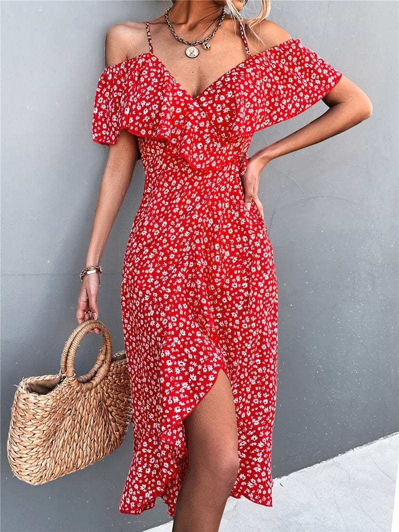 Women's Off-Shoulder Floral Dress with Ruffle Trim and Front Slit - 2