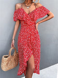 Women's Off-Shoulder Floral Dress with Ruffle Trim and Front Slit - 2
