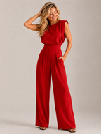 Women's Sleeveless Wide Leg Jumpsuit with Draped Bodice and Pleated Legs - Red