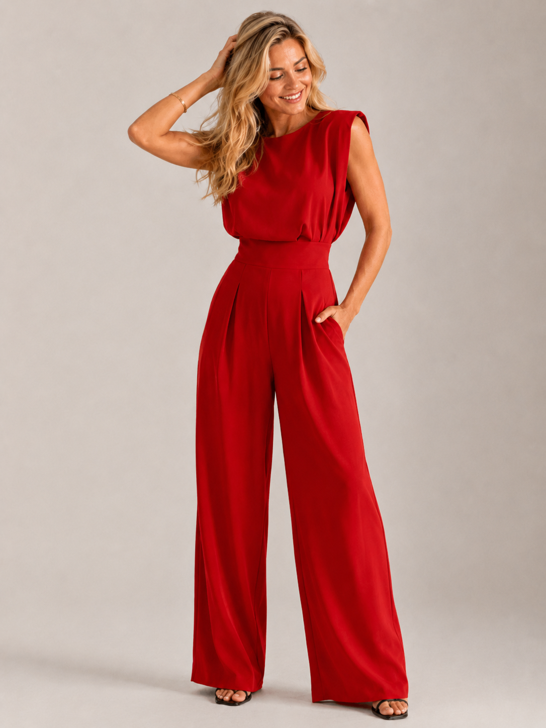 Women's Sleeveless Wide Leg Jumpsuit with Draped Bodice and Pleated Legs - Red