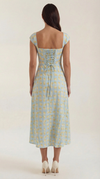 Women's Floral Midi Dress with Adjustable Straps and Corset Seaming - 15