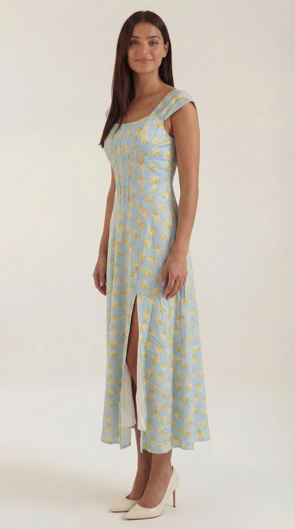 Women's Floral Midi Dress with Adjustable Straps and Corset Seaming - 13