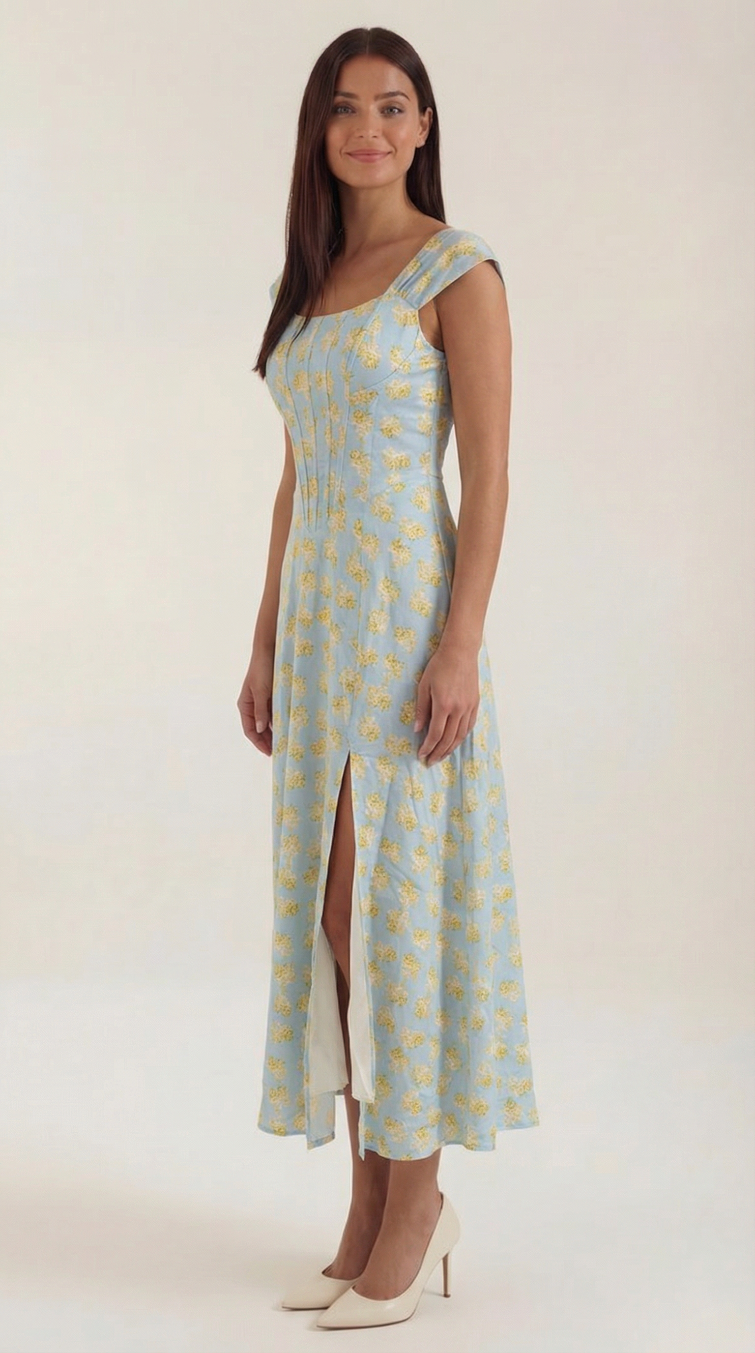 Women's Floral Midi Dress with Adjustable Straps and Corset Seaming - 13
