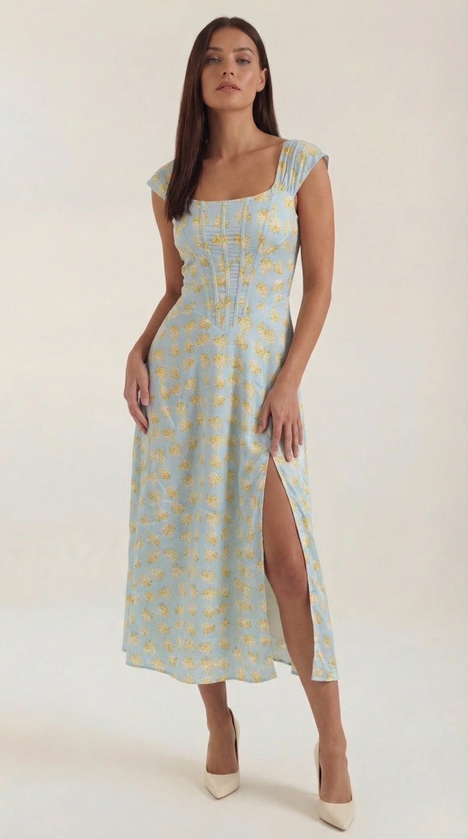 Women's Floral Midi Dress with Adjustable Straps and Corset Seaming - Blue