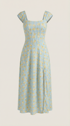 Women's Floral Midi Dress with Adjustable Straps and Corset Seaming - 16