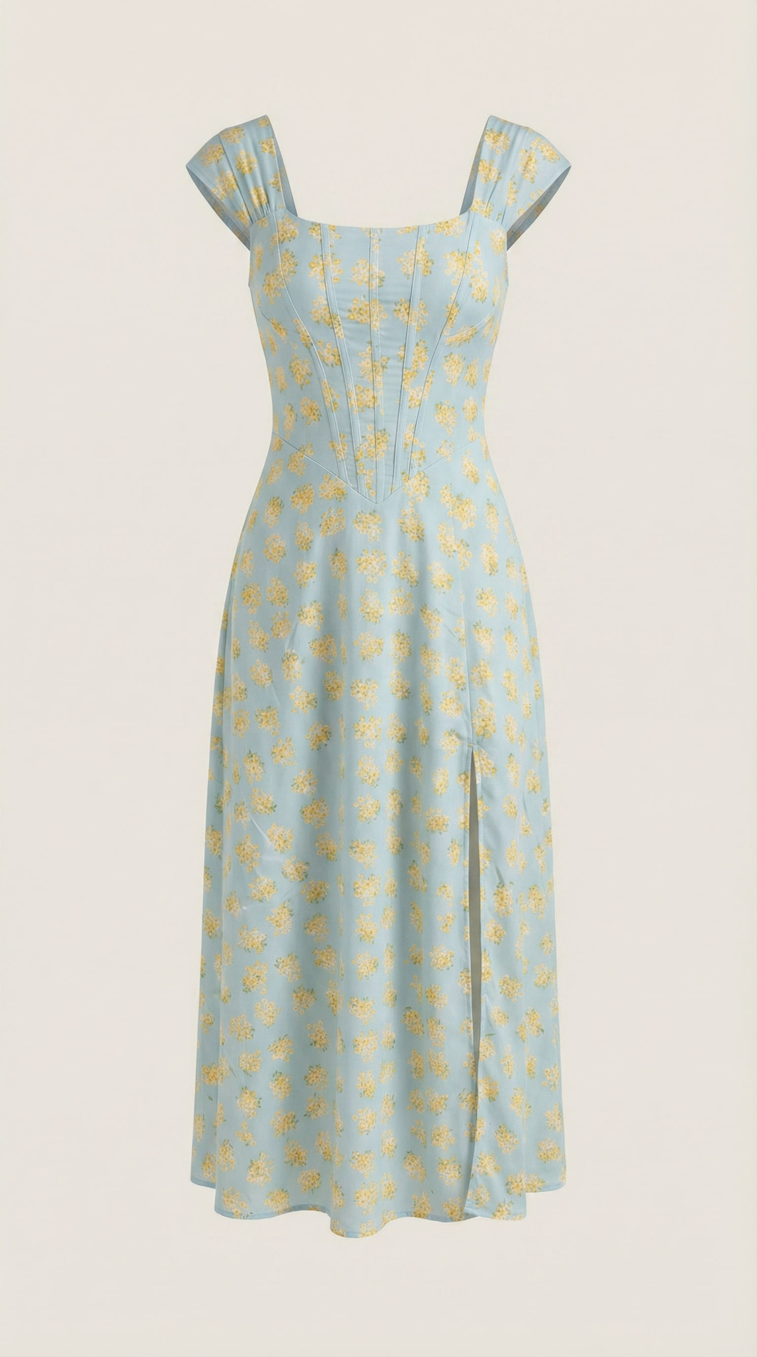 Women's Floral Midi Dress with Adjustable Straps and Corset Seaming - 16