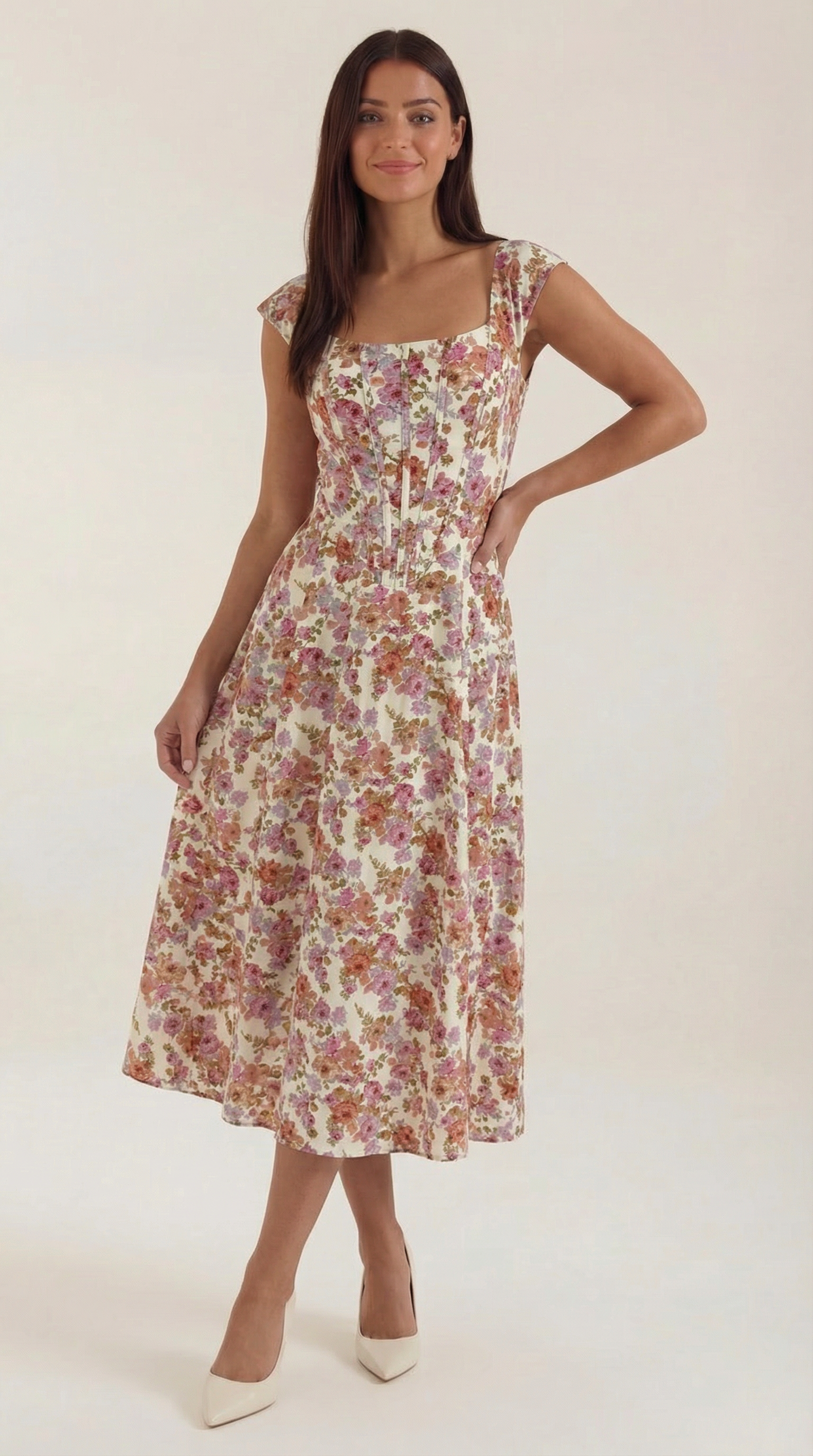 Women's Floral Midi Dress with Adjustable Straps and Corset Seaming - Pink