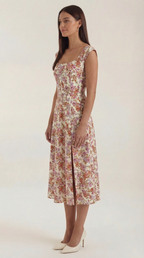 Women's Floral Midi Dress with Adjustable Straps and Corset Seaming - 8