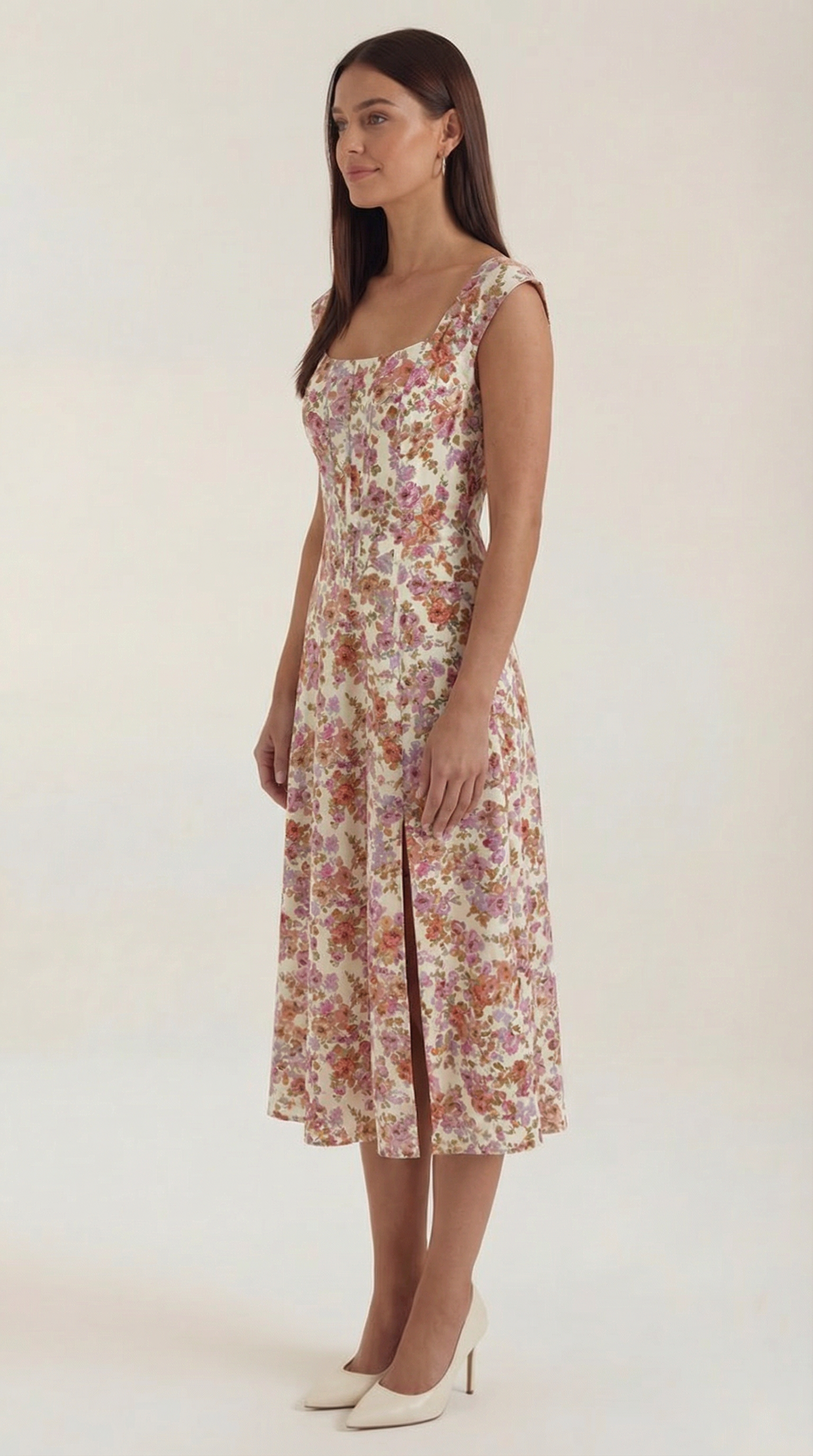 Women's Floral Midi Dress with Adjustable Straps and Corset Seaming - 8