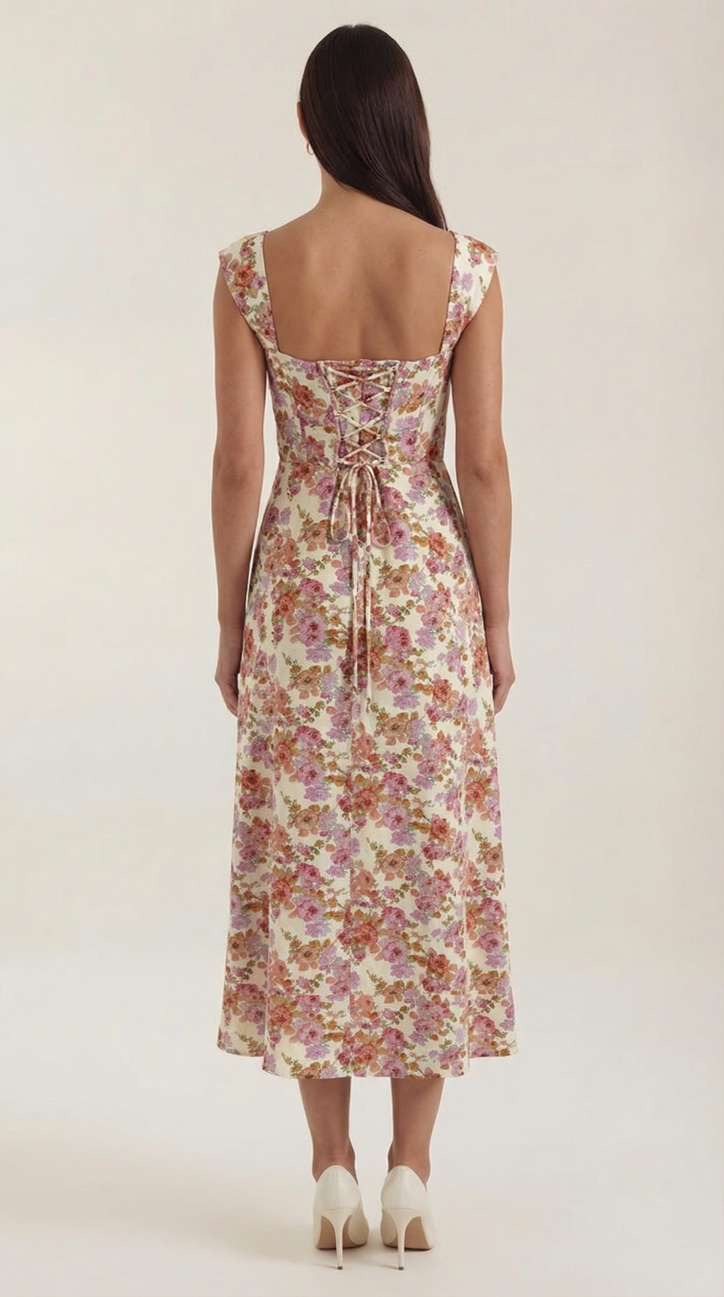 Women's Floral Midi Dress with Adjustable Straps and Corset Seaming - 10
