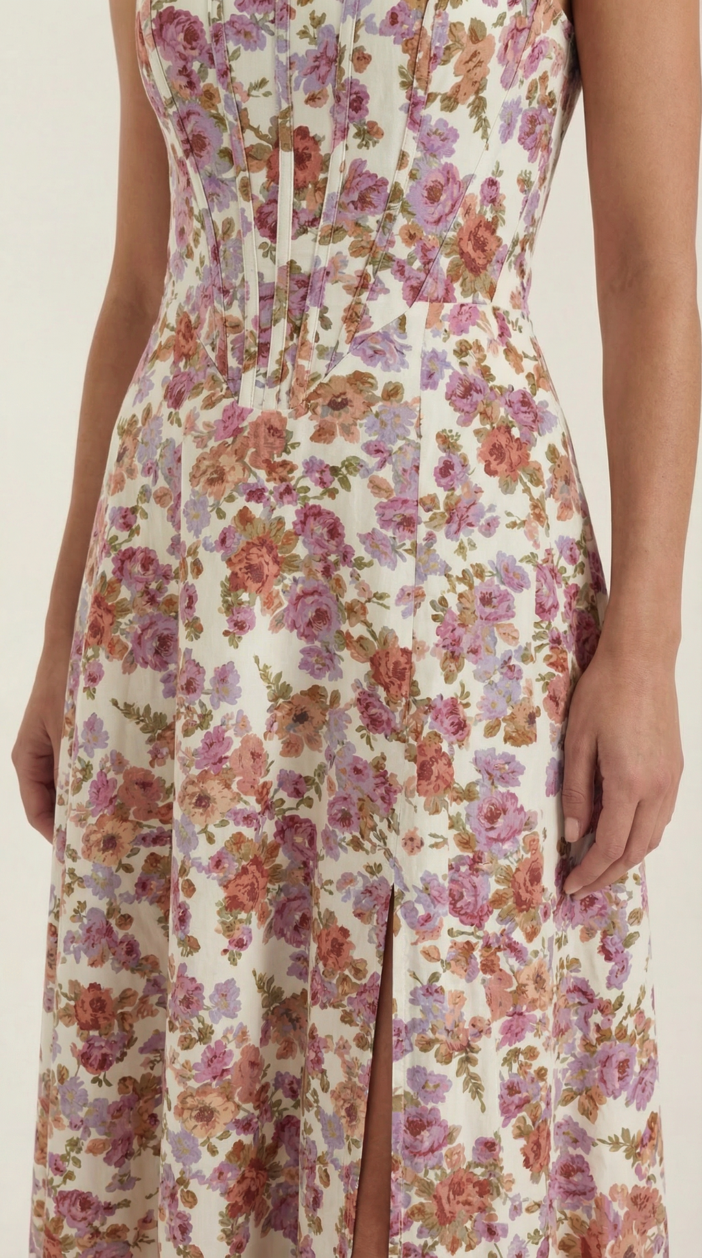 Women's Floral Midi Dress with Adjustable Straps and Corset Seaming - 9