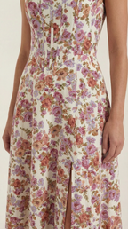 Women's Floral Midi Dress with Adjustable Straps and Corset Seaming - 9