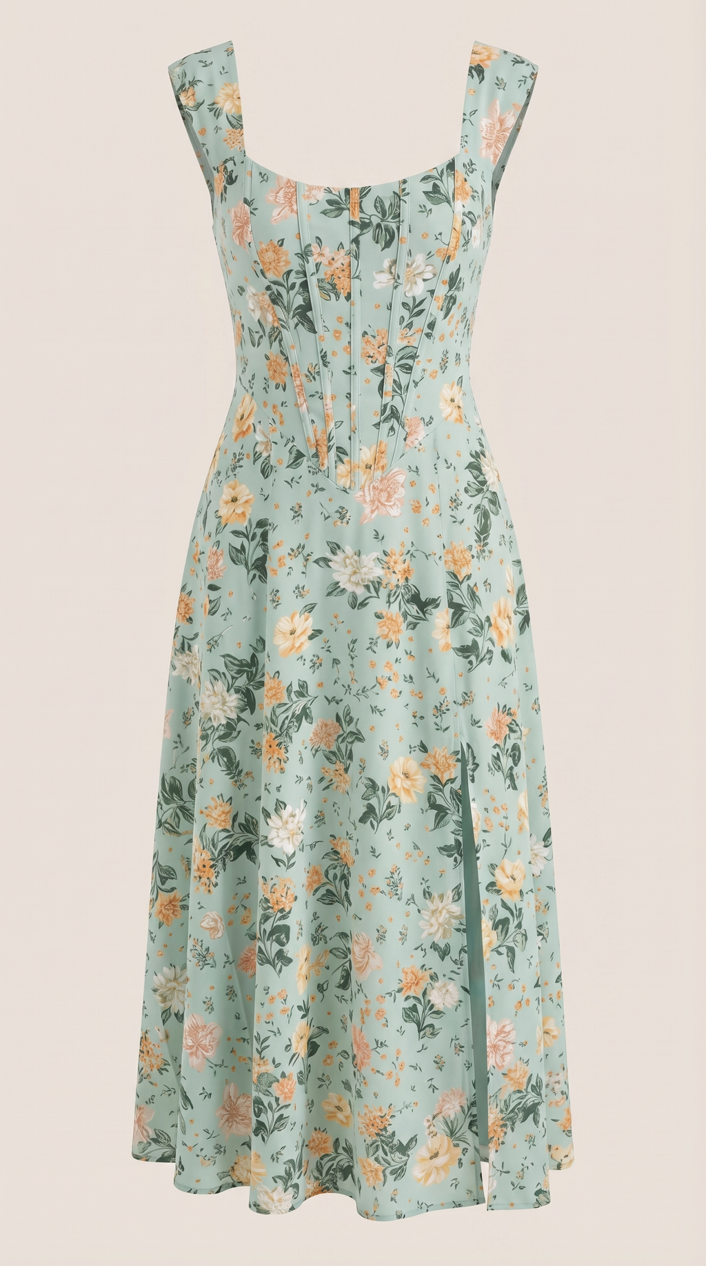 Women's Floral Midi Dress with Adjustable Straps and Corset Seaming - 6