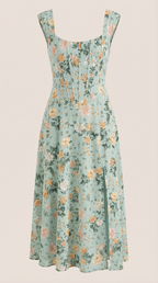 Women's Floral Midi Dress with Adjustable Straps and Corset Seaming - 6