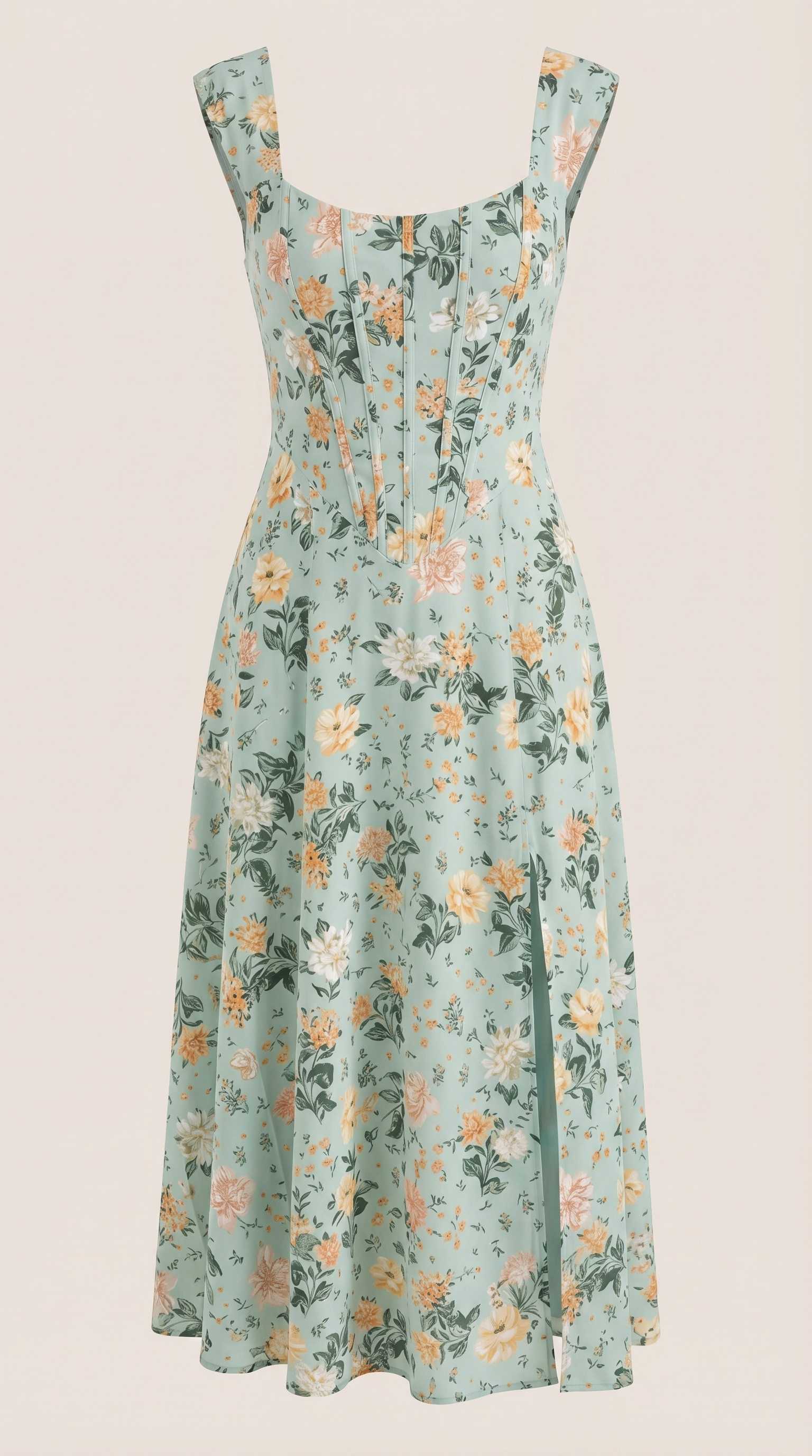 Women's Floral Midi Dress with Adjustable Straps and Corset Seaming - 6