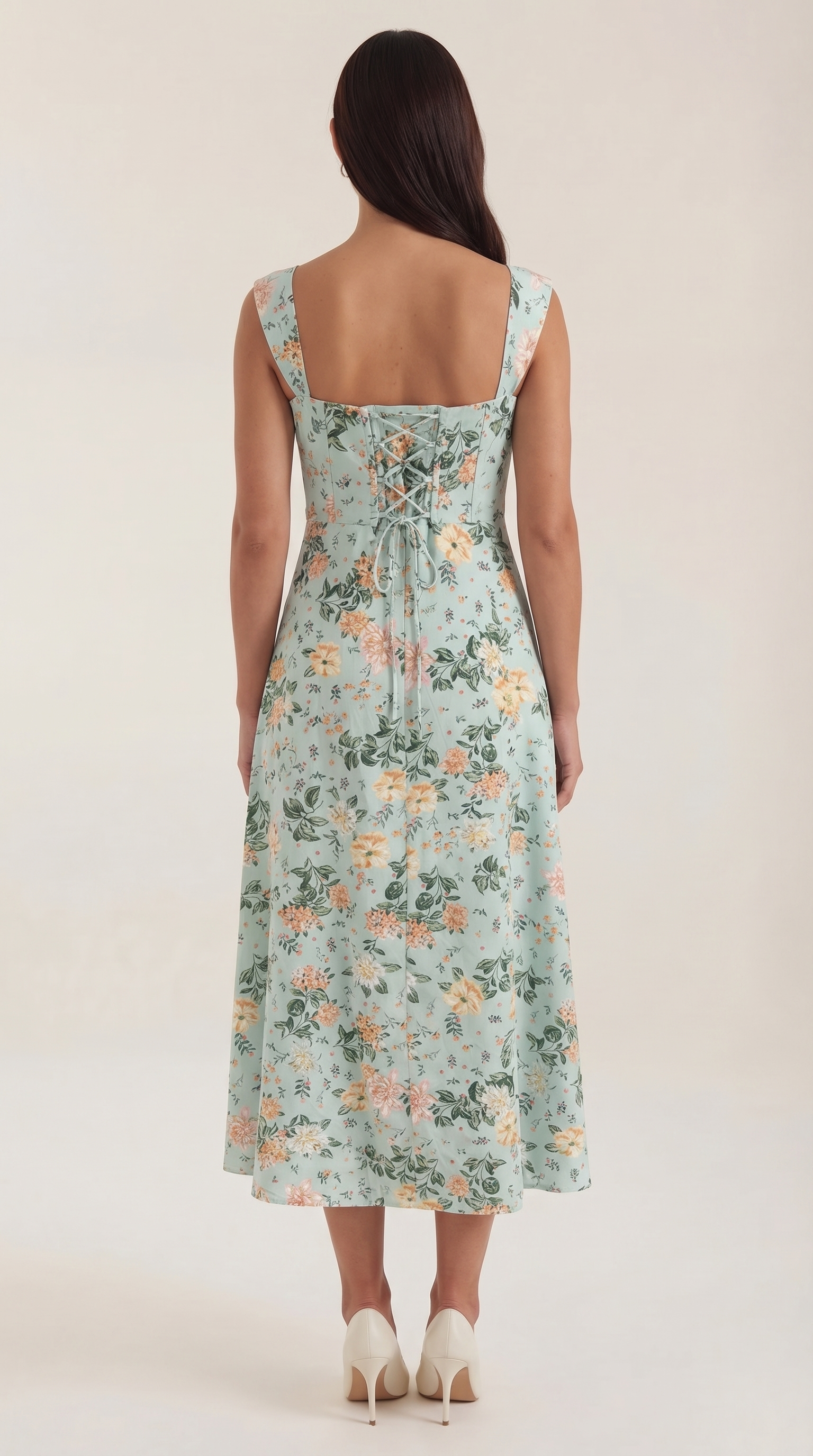 Women's Floral Midi Dress with Adjustable Straps and Corset Seaming - 5