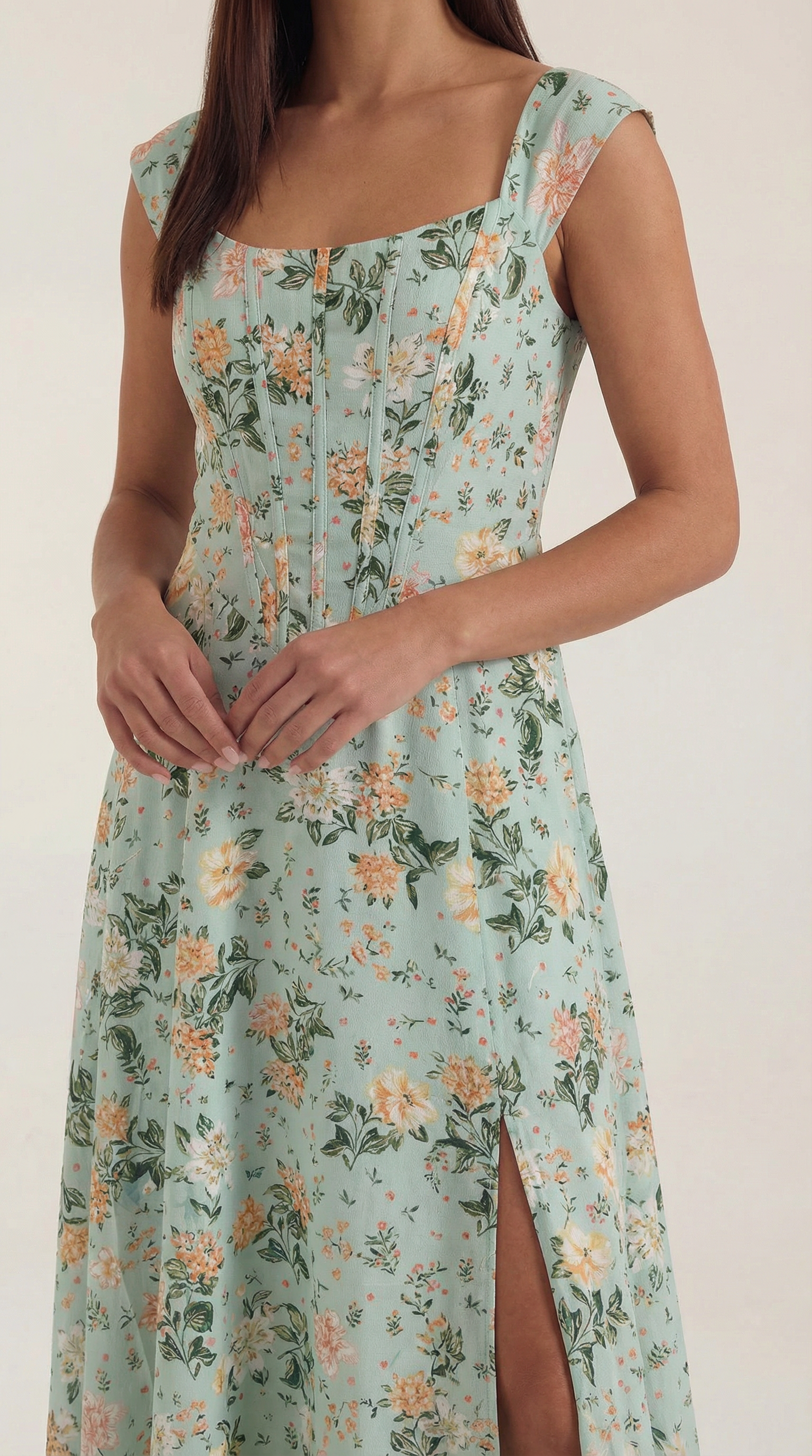 Women's Floral Midi Dress with Adjustable Straps and Corset Seaming - 4