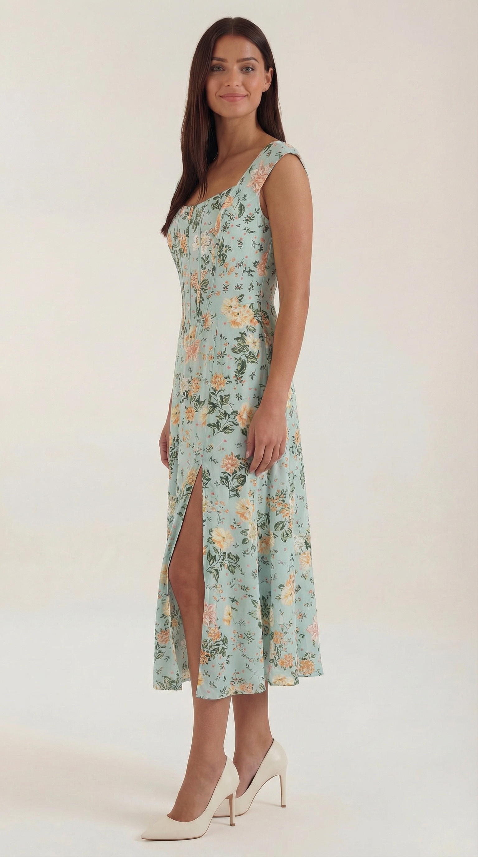 Women's Floral Midi Dress with Adjustable Straps and Corset Seaming - 3