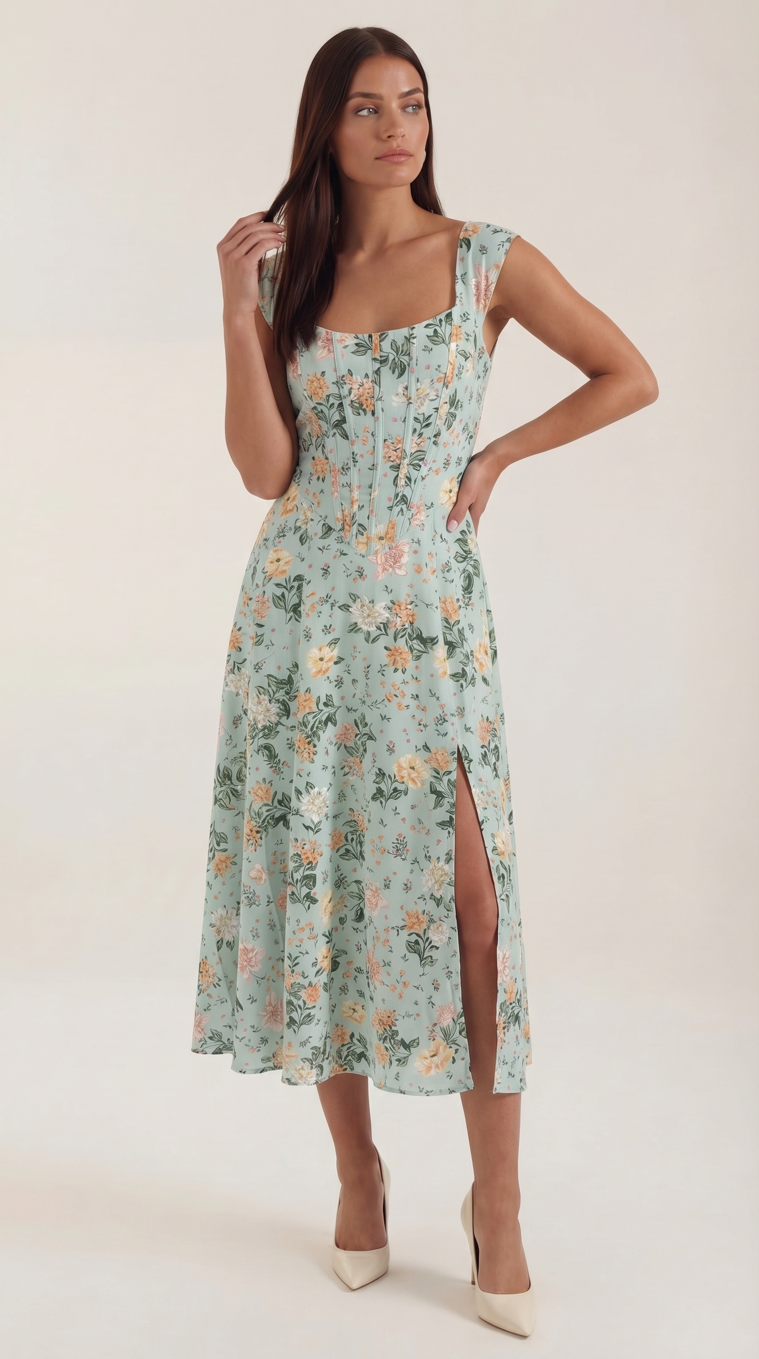 Women's Floral Midi Dress with Adjustable Straps and Corset Seaming - Green